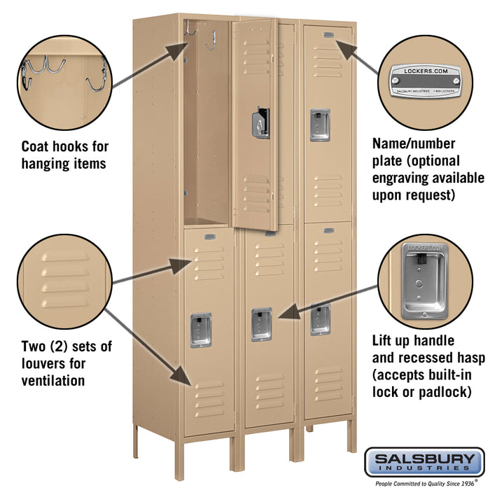 Salsbury 12" Wide Double Tier Standard Metal Locker - 3 Wide - 6 Feet High - 15 Inches Deep - Tan - Assembled - Sweatfully