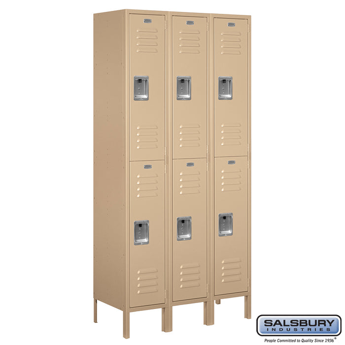 Salsbury 12" Wide Double Tier Standard Metal Locker - 3 Wide - 6 Feet High - 15 Inches Deep - Tan - Assembled - Sweatfully