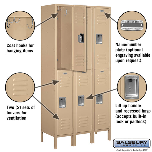 Salsbury 12" Wide Double Tier Standard Metal Locker - 3 Wide - 6 Feet High - 15 Inches Deep - Tan - Unassembled - Sweatfully