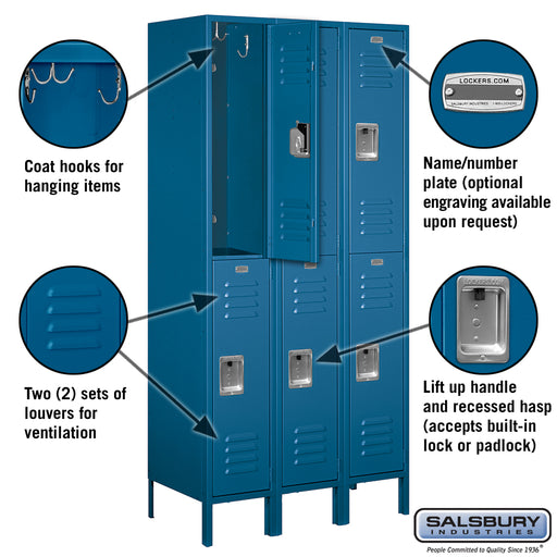 Salsbury 12" Wide Double Tier Standard Metal Locker - 3 Wide - 6 Feet High - 18 Inches Deep - Blue - Assembled - Sweatfully
