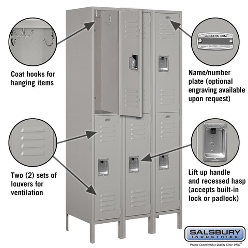 Salsbury 12" Wide Double Tier Standard Metal Locker - 3 Wide - 6 Feet High - 18 Inches Deep - Gray - Unassembled - Sweatfully