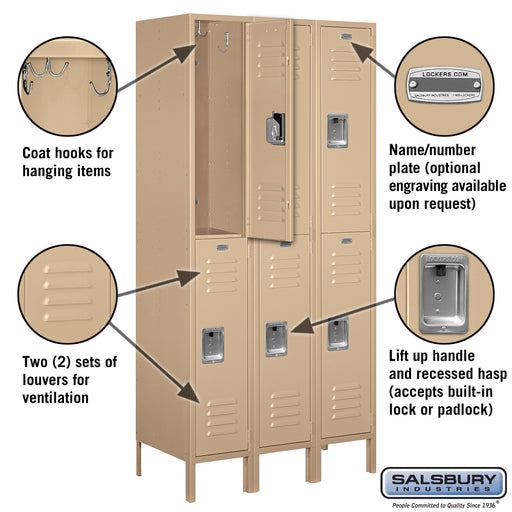 Salsbury 12" Wide Double Tier Standard Metal Locker - 3 Wide - 6 Feet High - 18 Inches Deep - Tan - Assembled - Sweatfully