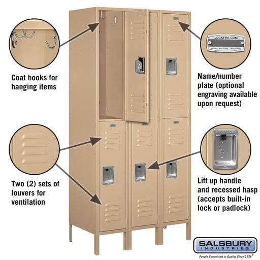 Salsbury 12" Wide Double Tier Standard Metal Locker - 3 Wide - 6 Feet High - 18 Inches Deep - Tan - Unassembled - Sweatfully