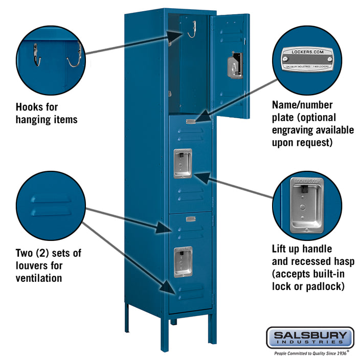 Salsbury 12" Wide Triple Tier Standard Metal Locker - 1 Wide - 5 Feet High - 15 Inches Deep - Blue - Unassembled - Sweatfully