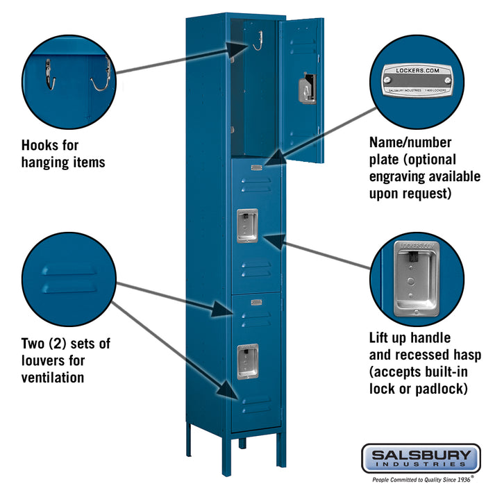 Salsbury 12" Wide Triple Tier Standard Metal Locker - 1 Wide - 6 Feet High - 12 Inches Deep - Blue - Assembled - Sweatfully