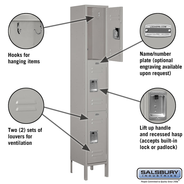 Salsbury 12" Wide Triple Tier Standard Metal Locker - 1 Wide - 6 Feet High - 12 Inches Deep - Gray - Unassembled - Sweatfully
