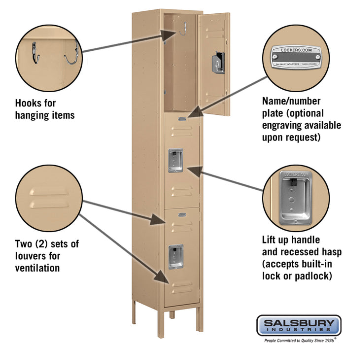 Salsbury 12" Wide Triple Tier Standard Metal Locker - 1 Wide - 6 Feet High - 12 Inches Deep - Tan - Assembled - Sweatfully