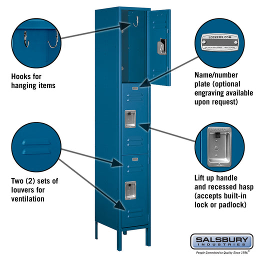 Salsbury 12" Wide Triple Tier Standard Metal Locker - 1 Wide - 6 Feet High - 15 Inches Deep - Blue - Unassembled - Sweatfully