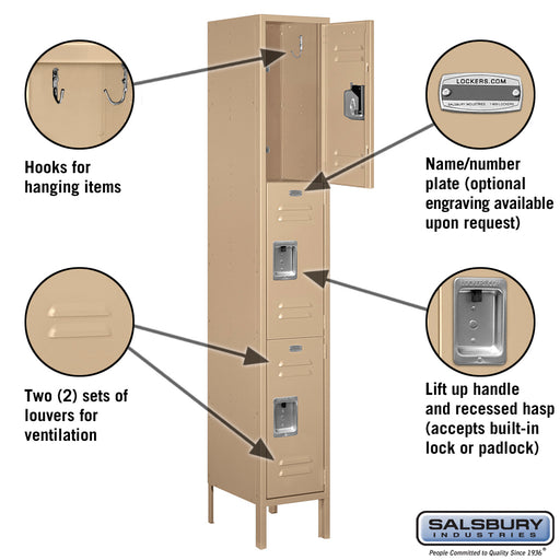Salsbury 12" Wide Triple Tier Standard Metal Locker - 1 Wide - 6 Feet High - 15 Inches Deep - Tan - Assembled - Sweatfully