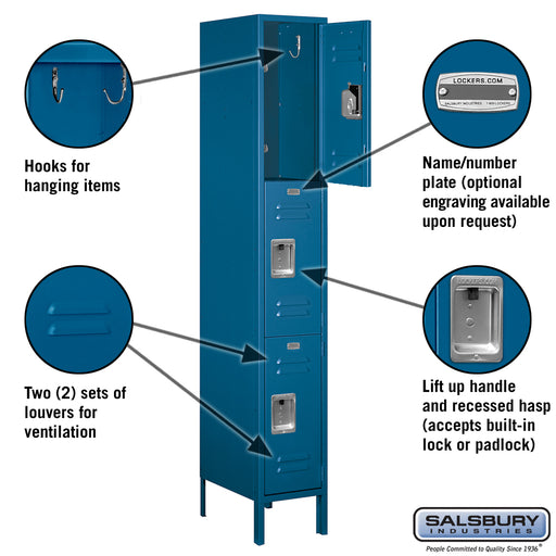 Salsbury 12" Wide Triple Tier Standard Metal Locker - 1 Wide - 6 Feet High - 18 Inches Deep - Blue - Unassembled - Sweatfully