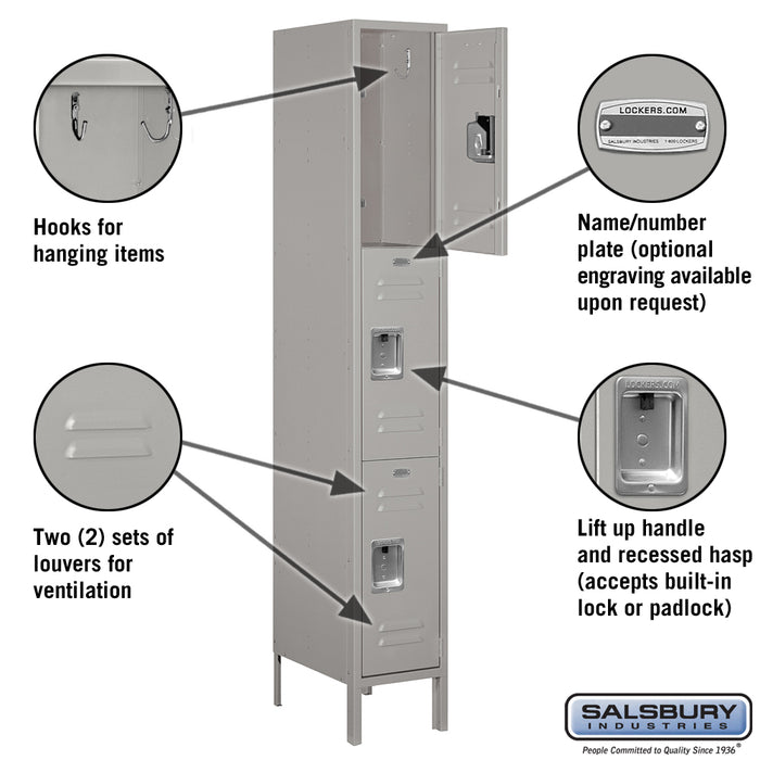 Salsbury 12" Wide Triple Tier Standard Metal Locker - 1 Wide - 6 Feet High - 18 Inches Deep - Gray - Assembled - Sweatfully