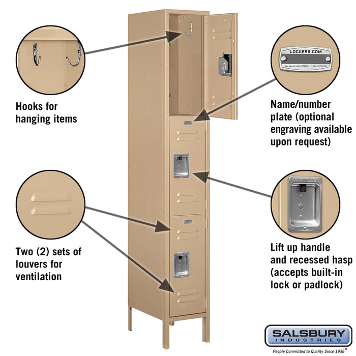 Salsbury 12" Wide Triple Tier Standard Metal Locker - 1 Wide - 6 Feet High - 18 Inches Deep - Tan - Assembled - Sweatfully