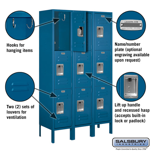 Salsbury 12" Wide Triple Tier Standard Metal Locker - 3 Wide - 5 Feet High - 12 Inches Deep - Blue - Unassembled - Sweatfully
