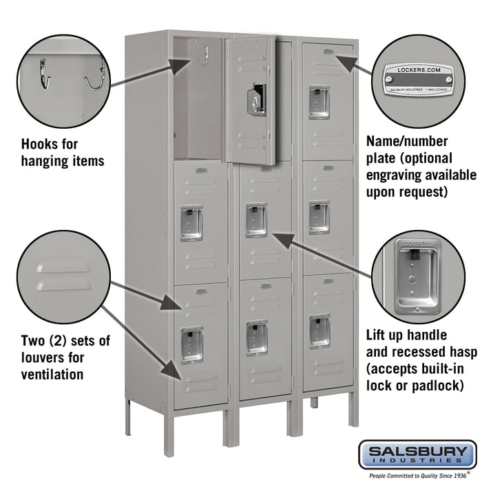 Salsbury 12" Wide Triple Tier Standard Metal Locker - 3 Wide - 5 Feet High - 12 Inches Deep - Gray - Assembled - Sweatfully