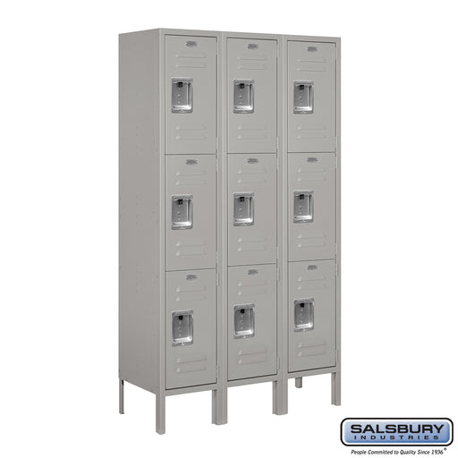 Salsbury 12" Wide Triple Tier Standard Metal Locker - 3 Wide - 5 Feet High - 12 Inches Deep - Gray - Assembled - Sweatfully