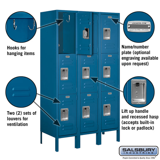 Salsbury 12" Wide Triple Tier Standard Metal Locker - 3 Wide - 5 Feet High - 15 Inches Deep - Blue - Assembled - Sweatfully