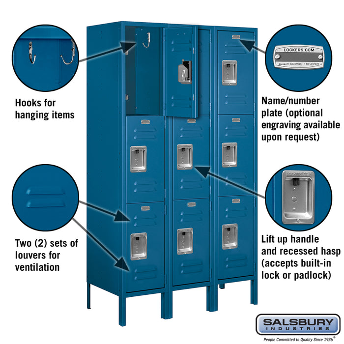 Salsbury 12" Wide Triple Tier Standard Metal Locker - 3 Wide - 5 Feet High - 15 Inches Deep - Blue - Unassembled - Sweatfully
