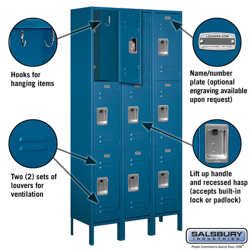 Salsbury 12" Wide Triple Tier Standard Metal Locker - 3 Wide - 6 Feet High - 12 Inches Deep - Blue - Unassembled - Sweatfully