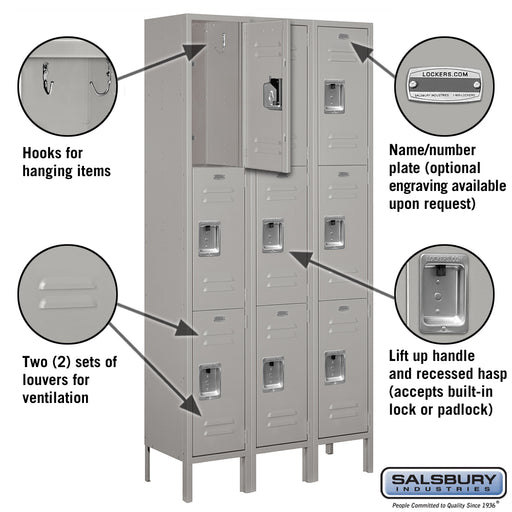 Salsbury 12" Wide Triple Tier Standard Metal Locker - 3 Wide - 6 Feet High - 12 Inches Deep - Gray - Assembled - Sweatfully