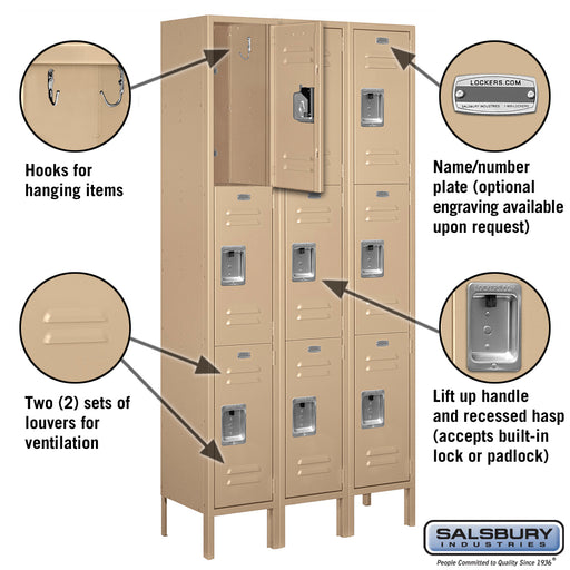 Salsbury 12" Wide Triple Tier Standard Metal Locker - 3 Wide - 6 Feet High - 12 Inches Deep - Tan - Assembled - Sweatfully
