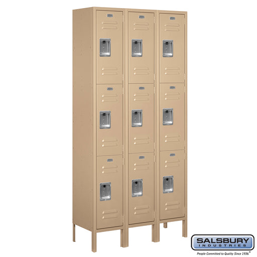 Salsbury 12" Wide Triple Tier Standard Metal Locker - 3 Wide - 6 Feet High - 12 Inches Deep - Tan - Assembled - Sweatfully
