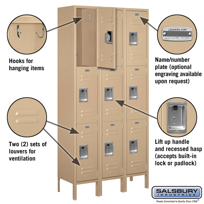 Salsbury 12" Wide Triple Tier Standard Metal Locker - 3 Wide - 6 Feet High - 12 Inches Deep - Tan - Unassembled - Sweatfully
