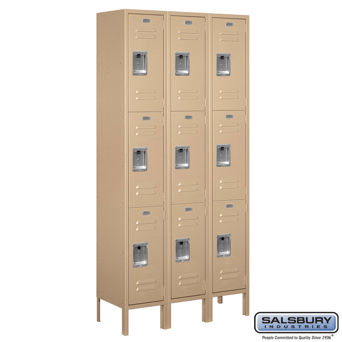 Salsbury 12" Wide Triple Tier Standard Metal Locker - 3 Wide - 6 Feet High - 12 Inches Deep - Tan - Unassembled - Sweatfully