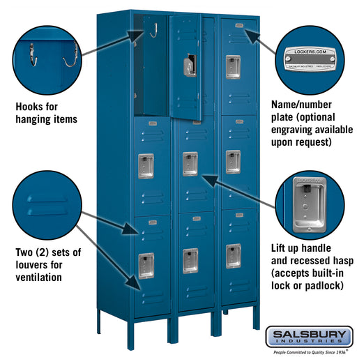 Salsbury 12" Wide Triple Tier Standard Metal Locker - 3 Wide - 6 Feet High - 15 Inches Deep - Blue - Assembled - Sweatfully