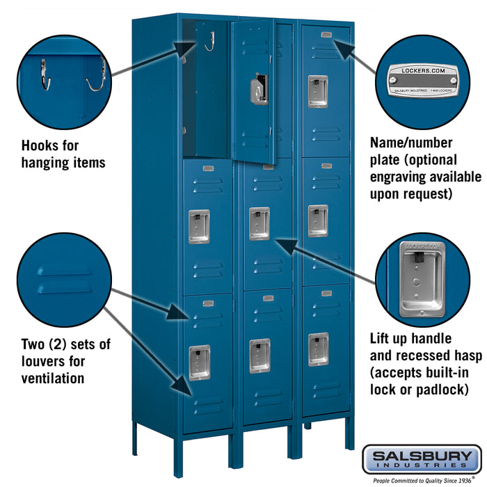 Salsbury 12" Wide Triple Tier Standard Metal Locker - 3 Wide - 6 Feet High - 15 Inches Deep - Blue - Unassembled - Sweatfully