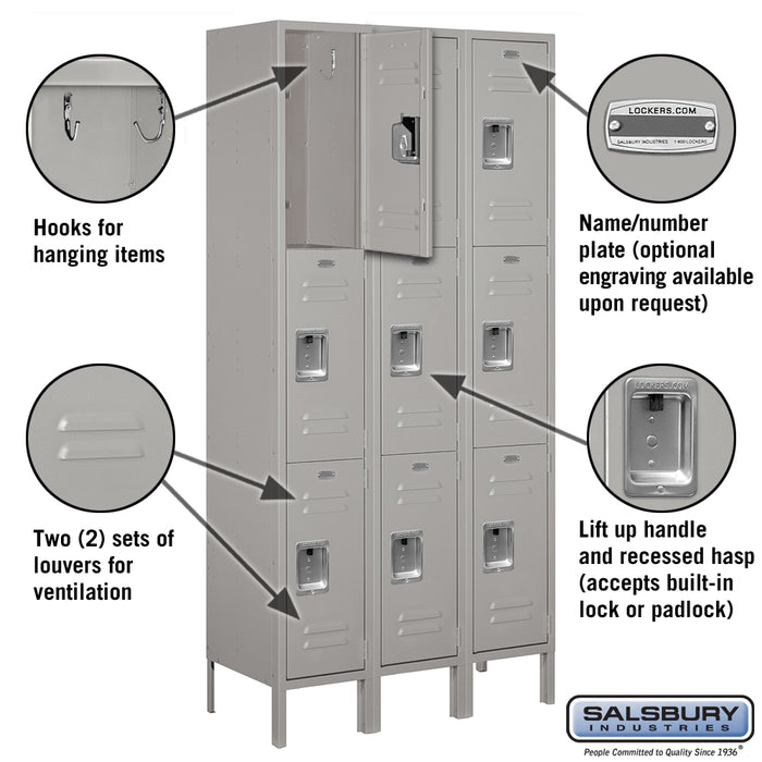 Salsbury 12" Wide Triple Tier Standard Metal Locker - 3 Wide - 6 Feet High - 15 Inches Deep - Gray - Assembled - Sweatfully