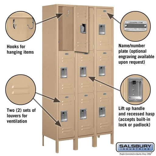 Salsbury 12" Wide Triple Tier Standard Metal Locker - 3 Wide - 6 Feet High - 15 Inches Deep - Tan - Assembled - Sweatfully