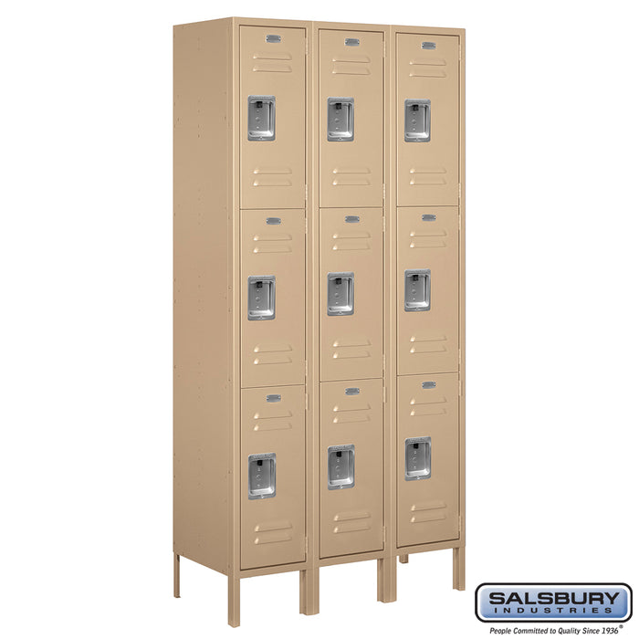 Salsbury 12" Wide Triple Tier Standard Metal Locker - 3 Wide - 6 Feet High - 15 Inches Deep - Tan - Assembled - Sweatfully