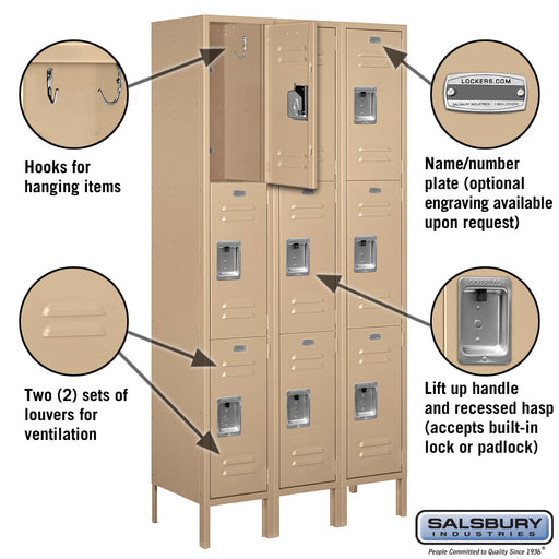 Salsbury 12" Wide Triple Tier Standard Metal Locker - 3 Wide - 6 Feet High - 15 Inches Deep - Tan - Unassembled - Sweatfully