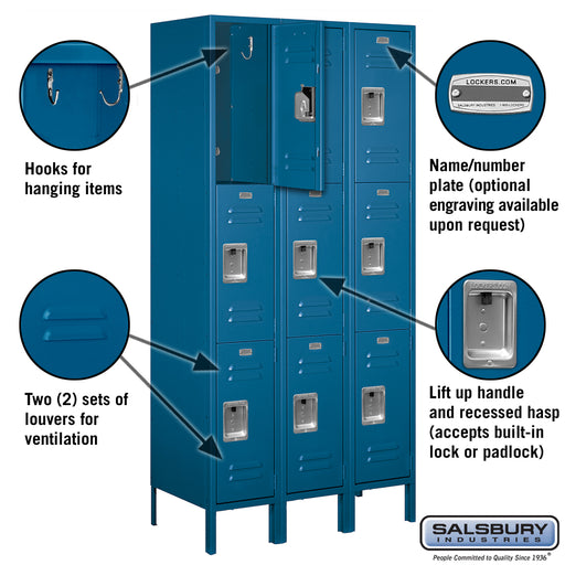 Salsbury 12" Wide Triple Tier Standard Metal Locker - 3 Wide - 6 Feet High - 18 Inches Deep - Blue - Unassembled - Sweatfully