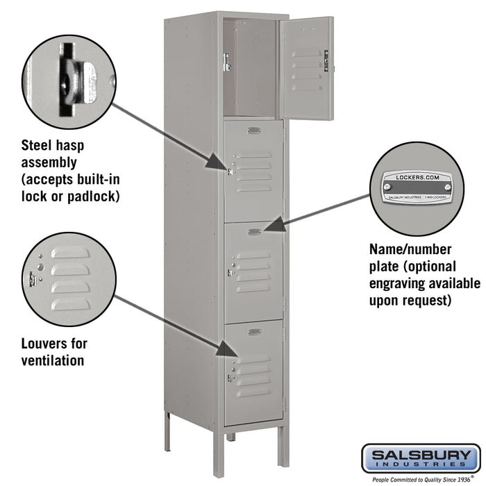 Salsbury 12" Wide Four Tier Standard Metal Locker - 1 Wide - 5 Feet High - 15 Inches Deep - Gray - Assembled - Sweatfully