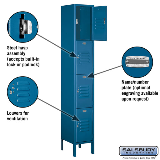 Salsbury 12" Wide Four Tier Standard Metal Locker - 1 Wide - 6 Feet High - 12 Inches Deep - Blue - Unassembled - Sweatfully