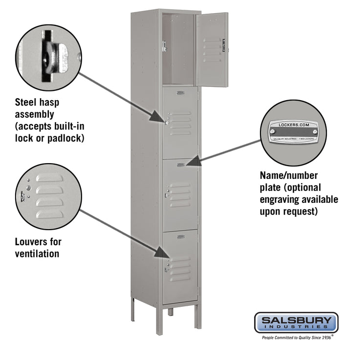 Salsbury 12" Wide Four Tier Standard Metal Locker - 1 Wide - 6 Feet High - 12 Inches Deep - Gray - Unassembled - Sweatfully