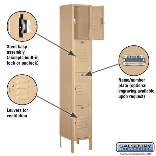 Salsbury 12" Wide Four Tier Standard Metal Locker - 1 Wide - 6 Feet High - 12 Inches Deep - Tan - Assembled - Sweatfully