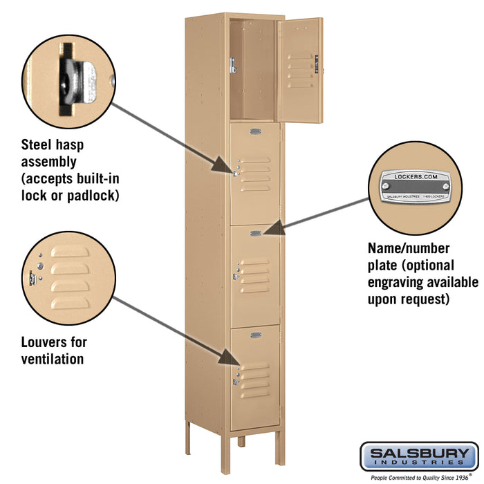 Salsbury 12" Wide Four Tier Standard Metal Locker - 1 Wide - 6 Feet High - 12 Inches Deep - Tan - Assembled - Sweatfully