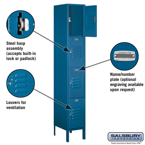 Salsbury 12" Wide Four Tier Standard Metal Locker - 1 Wide - 6 Feet High - 15 Inches Deep - Blue - Unassembled - Sweatfully