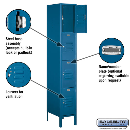 Salsbury 12" Wide Four Tier Standard Metal Locker - 1 Wide - 6 Feet High - 18 Inches Deep - Blue - Assembled - Sweatfully