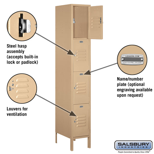 Salsbury 12" Wide Four Tier Standard Metal Locker - 1 Wide - 6 Feet High - 18 Inches Deep - Tan - Unassembled - Sweatfully