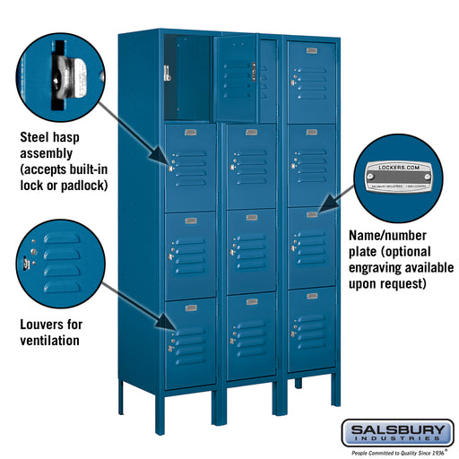 Salsbury 12" Wide Four Tier Standard Metal Locker - 3 Wide - 5 Feet High - 12 Inches Deep - Blue - Assembled - Sweatfully
