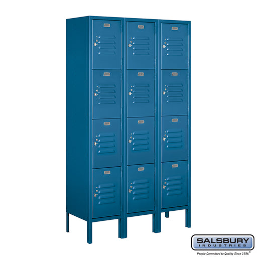 Salsbury 12" Wide Four Tier Standard Metal Locker - 3 Wide - 5 Feet High - 12 Inches Deep - Blue - Assembled - Sweatfully