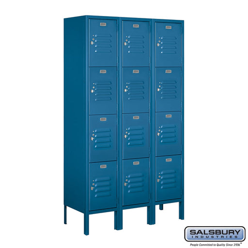 Salsbury 12" Wide Four Tier Standard Metal Locker - 3 Wide - 5 Feet High - 12 Inches Deep - Blue - Unassembled - Sweatfully