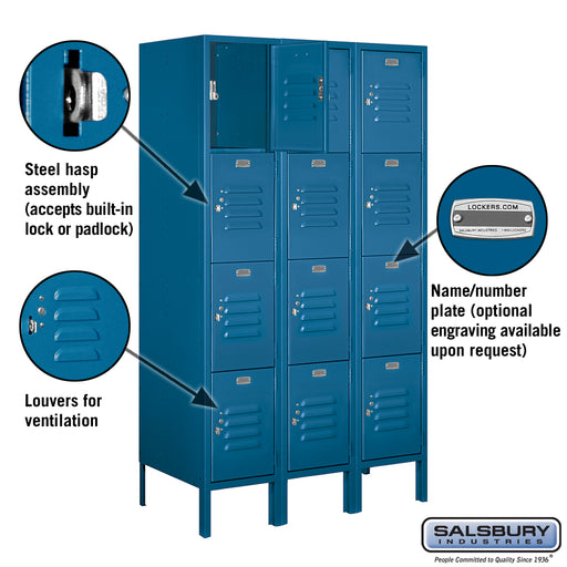 Salsbury 12" Wide Four Tier Standard Metal Locker - 3 Wide - 5 Feet High - 18 Inches Deep - Blue - Unassembled - Sweatfully