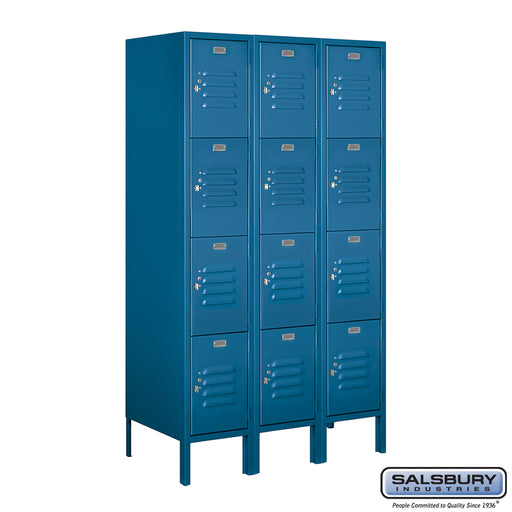 Salsbury 12" Wide Four Tier Standard Metal Locker - 3 Wide - 5 Feet High - 18 Inches Deep - Blue - Unassembled - Sweatfully