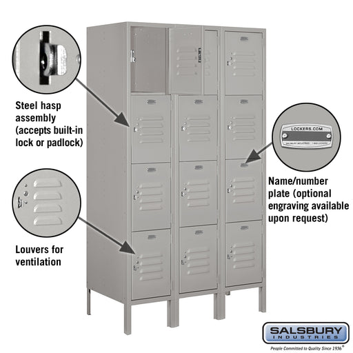 Salsbury 12" Wide Four Tier Standard Metal Locker - 3 Wide - 5 Feet High - 18 Inches Deep - Gray - Unassembled - Sweatfully