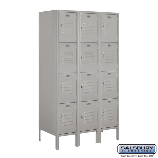 Salsbury 12" Wide Four Tier Standard Metal Locker - 3 Wide - 5 Feet High - 18 Inches Deep - Gray - Unassembled - Sweatfully