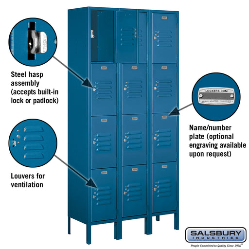 Salsbury 12" Wide Four Tier Standard Metal Locker - 3 Wide - 6 Feet High - 12 Inches Deep - Blue - Unassembled - Sweatfully